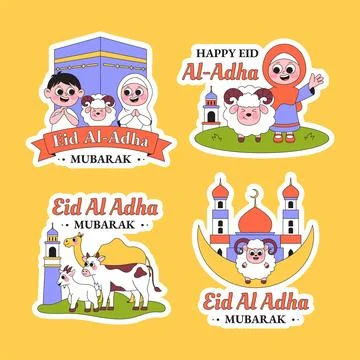 Happy Eid Al Adha Social Media Label Flat Cartoon Hand Drawn Illustration Stock Illustration