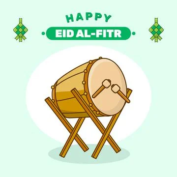 Happy Eid Al-Fitr Card Illustration, Bedug drum with stick cartoon icon Illus Stock Illustration