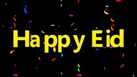 Happy Eid greeting card design with colorful falling confetti on black Видео 342894142