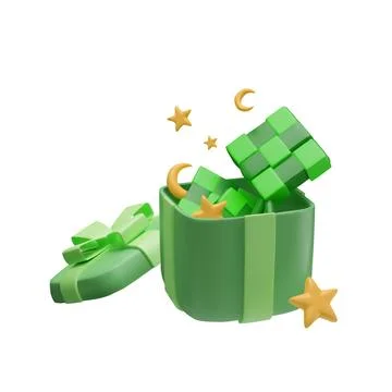 Happy Eid Mubarak 3D design with open green gift box of Ketupat, golden crescent Stock Illustration