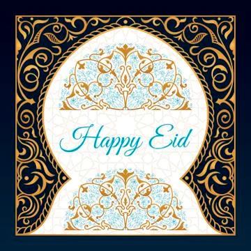 Happy Eid mubarak greeting design, happy holiday words with golden mosque and Stock Illustration