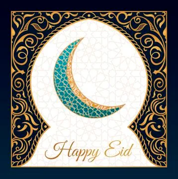 Happy Eid mubarak greeting design, happy holiday words with golden mosque and Stock Illustration