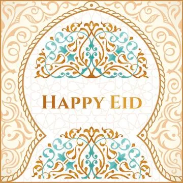 Happy Eid mubarak greeting design, happy holiday words with golden mosque and Stock Illustration