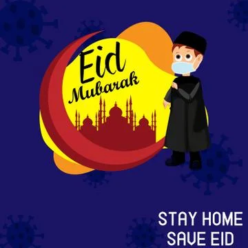Happy eid mubarak or ramadhan kareem and stay safe at home. wearing mask. 库存插图