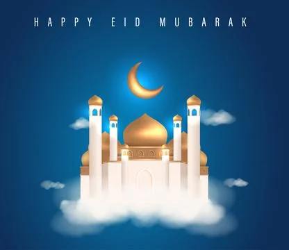 Happy Eid Mubarak Poster with 3D Realistic Golden Dome Mosque Stock Illustration