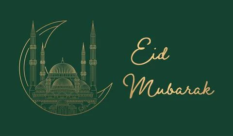 Happy Eid Mubarak Poster Design with Line Art Style Mosque Stock Illustration