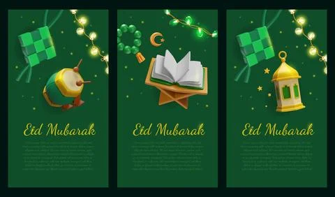Happy Eid Mubarak vector posters set, 3D design with green Ketupat, crescen.. Stock Illustration