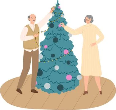 Happy eldelry senior couple decorating Christmas tree with toys and garland Stock Illustration