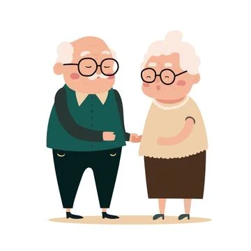 Happy elderly couple dancing together or just holding hands. Isolated on white Stock Illustration