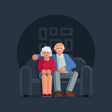 Happy elderly couple sitting on a sofa together Stock Illustration