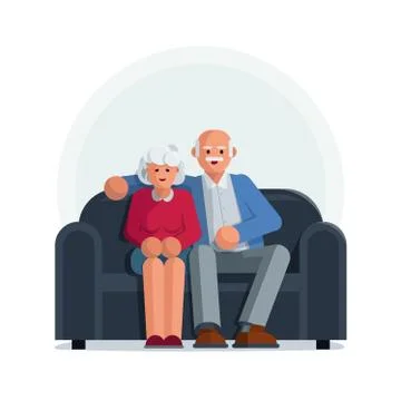 Happy elderly couple sitting on a sofa together Stock Illustration