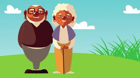 Happy elderly couple standing together in cartoon style animation in sunny .. Stock-Footage 338316003