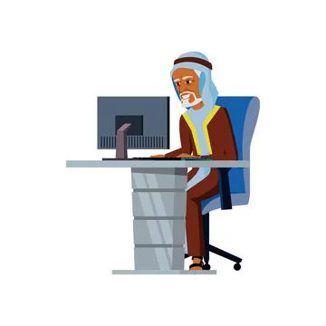 Happy elderly man boss reading accountant annual report on computer cartoon v Stock Illustration