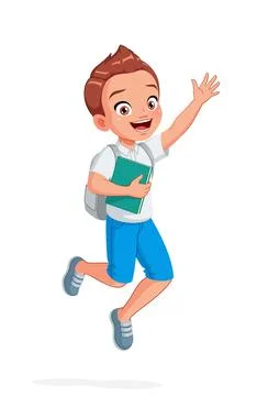 Happy elementary school boy is jumping excitedly and waving his hand. Cartoon Stock Illustration