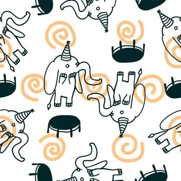 Happy elephant bouncing on trampoline seamless pattern in outline doodle styl Stock Illustration