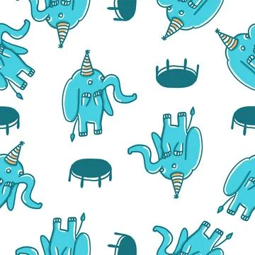 Happy elephant bouncing on trampoline seamless pattern in cartoon flat style Stock Illustration
