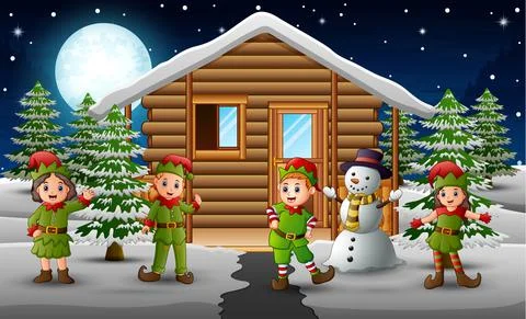 Happy elf group standing in front of the snowing house Stock Illustration
