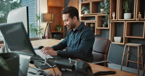 Happy, employee and man with computer in office, info or financial planner with Stock Footage 341573243
