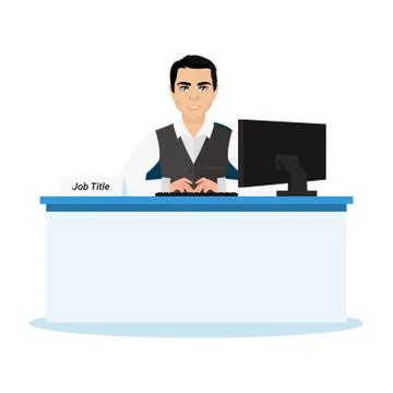 A happy employee is sitting in front of the computer at his desk Illustrazione stock