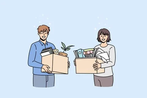 Happy employees with boxes settle in new office Illustrazione stock