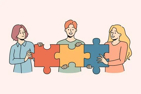 Happy employees connect jigsaw puzzles Stock Illustration