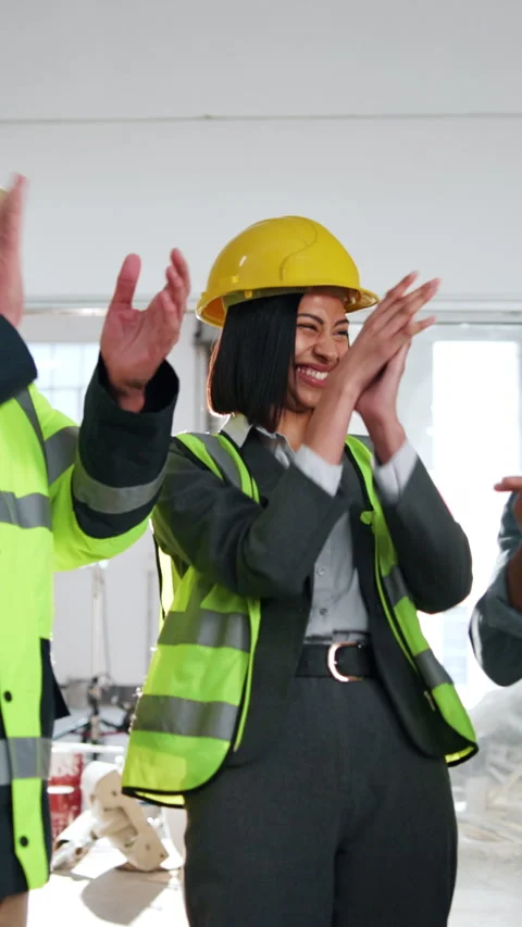 Happy, engineer and hand stack for construction, agreement and teamwork for Stock Footage 342321709