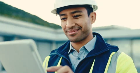 Happy, engineer and man at construction site with tablet, good news and approval Stock Footage 345572389