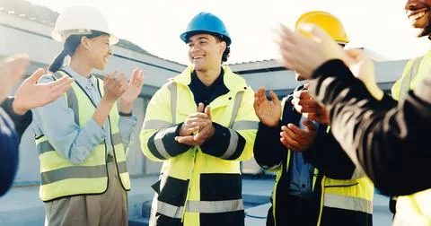 Happy, engineer and team at construction site with applause, property Stock Photos