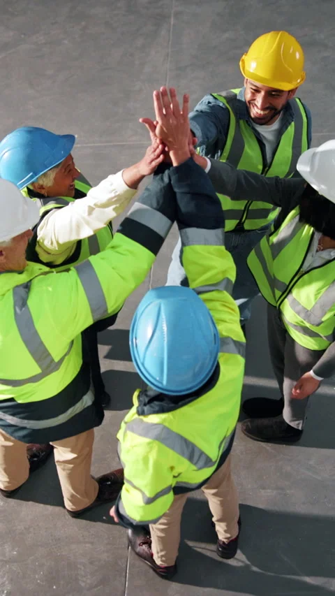 Happy, engineer and team with high five for construction, agreement and victory Stock Footage 342323426