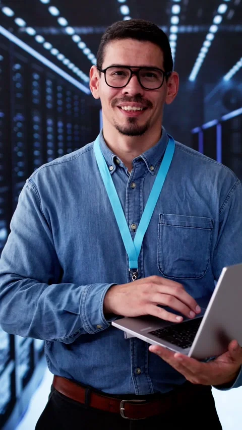 Happy Engineer In Data Center Server Room Configuring AI Video stock 283147711
