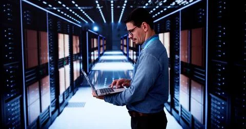 Happy Engineer In Data Center Server Room Configuring AI Technology Stock Photos