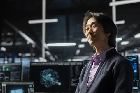 Happy engineer in data center uses deep learning LLM assistant to do maintenance 写真素材