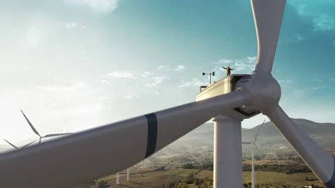 Happy engineer feel success after work a top of windmill beautiful landscape Stock Footage 141309130