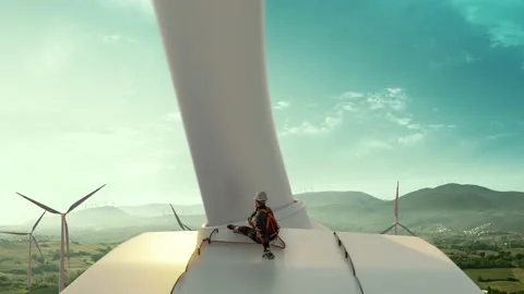 Happy engineer feel success after work a top of windmill beautiful landscape Stock Footage 141309149