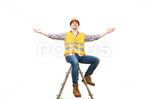 The happy engineer on the ladder gesturing on the white background Stock Photos
