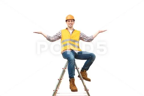 The happy engineer on the ladder gesturing on the white background Stock Photos