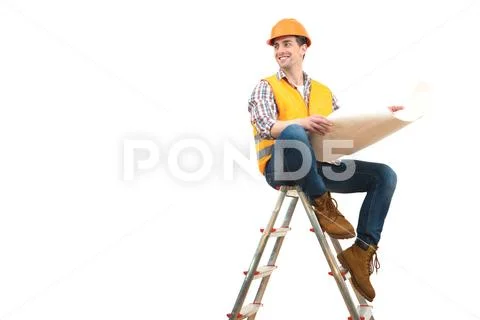 The happy engineer with a paper sitting on the ladder on the white background Stock Photos