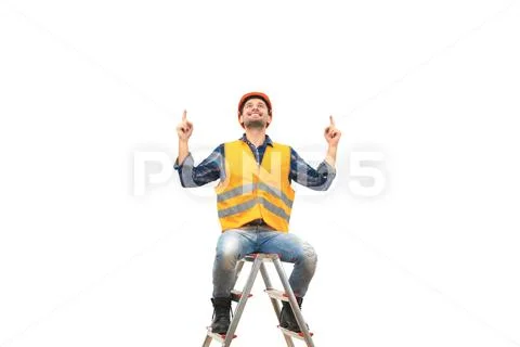 The happy engineer sitting on the ladder on the white background Stock Photos