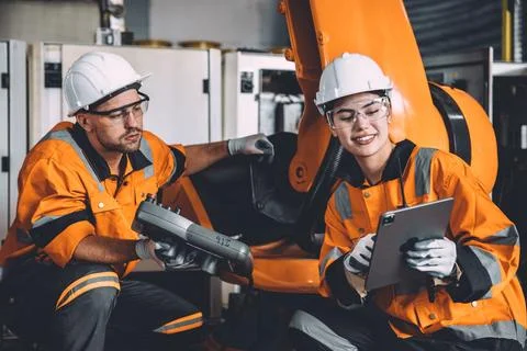 Happy engineer team working in modern automation factory with welding robot.. Foto stock