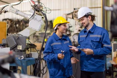 Happy engineer worker team service replace broken part of automatic industr.. Foto stock