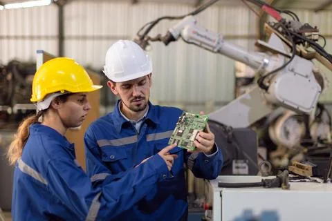 Happy engineer worker team service replace broken part of automatic industr.. Stock Photos