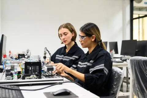 Happy engineers using laptop checking and operating robotic machine 写真素材