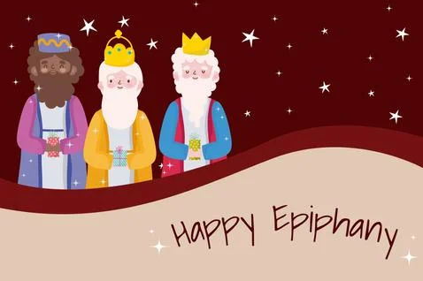 Happy epiphany, three wise kings snowflakes greeting card Stock Illustration