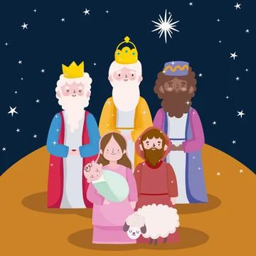 Happy epiphany, three wise kings joseph baby jesus and sheep cartoon Stock Illustration