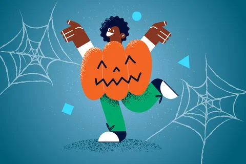 Happy ethnic kid in pumpkin costume celebrate Halloween Stock Illustration
