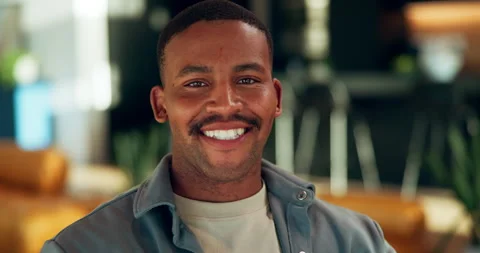 Happy, face and black man in home with glasses for chill, relax and peace for me Stock Footage 337546660