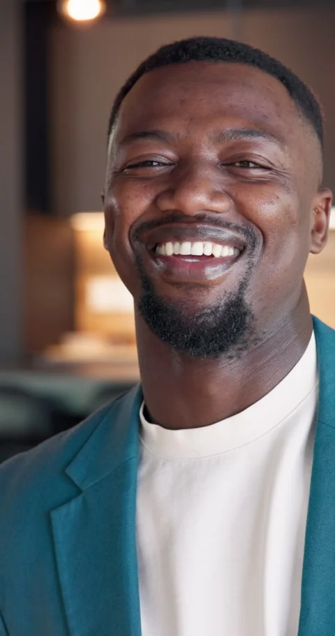 Happy, face and black man in home for real estate, building investment or Stock Footage 345326192