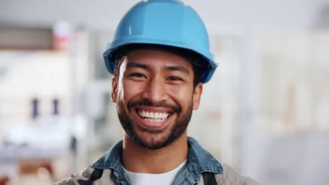 Happy, face and man in building with helmet for safety compliance, renovation Stock Footage 341660690