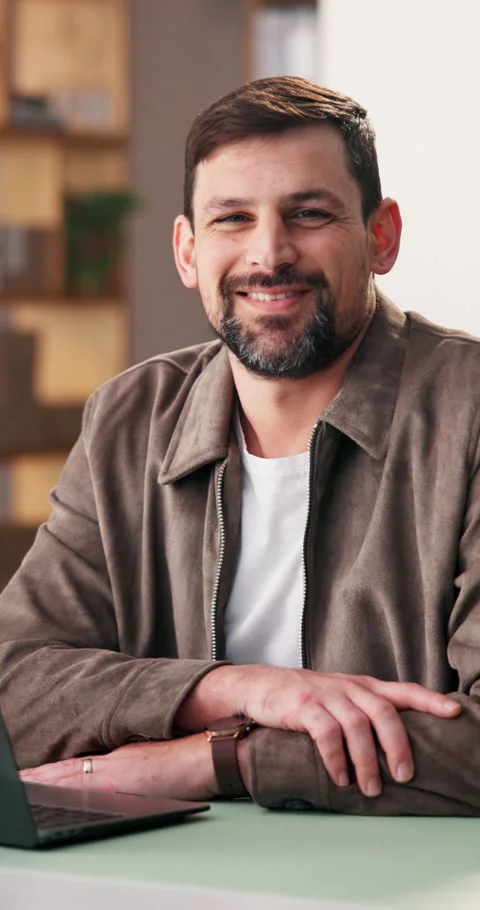 Happy, face and man in office for creative career, about us and pride for Stock Footage 337466196