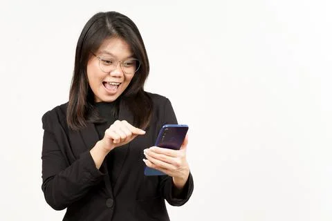 Happy Face and Using Smartphone Of Beautiful Asian Woman Wearing Black Blazer Stock Photos